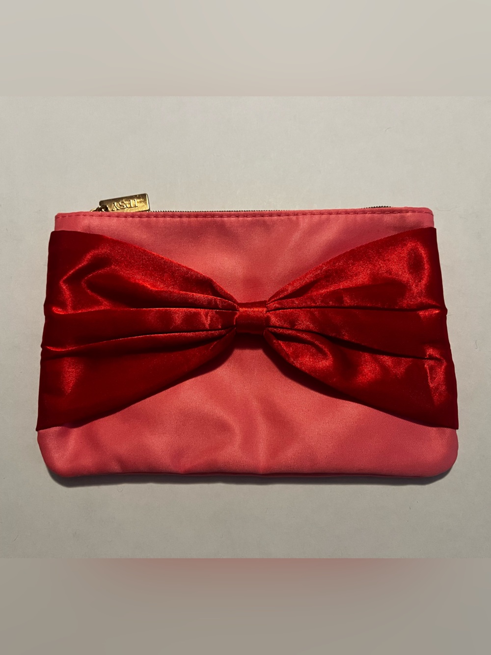 Ipsy Pink Satin Red Bow makeup bag